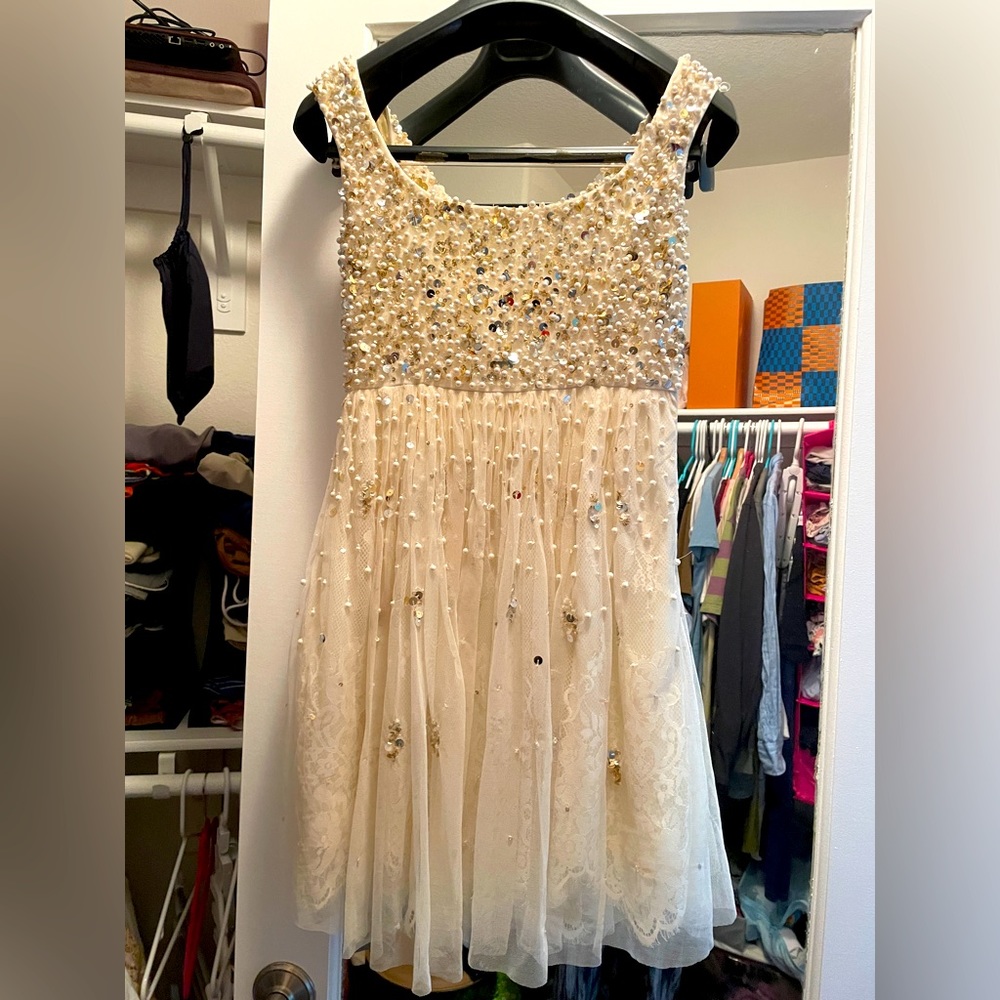 Free People Champagne Shine So Bright Dress Tulle Lace Beads Pearls Size 2 - Picture 2 of 10